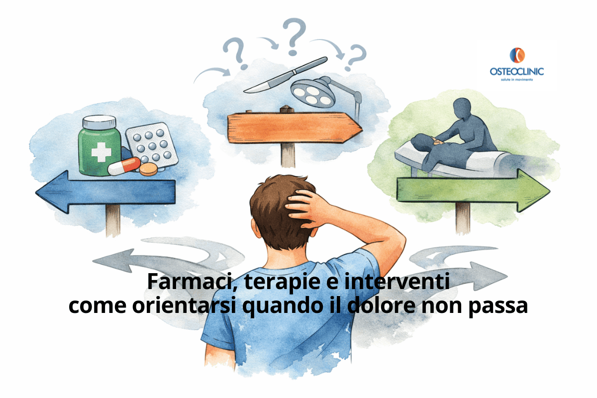 Illustrazione di una persona indecisa davanti a più direzioni che rappresentano farmaci, terapie manuali e interventi, simbolo del dilemma decisionale nel dolore muscolo-scheletrico persistente.
