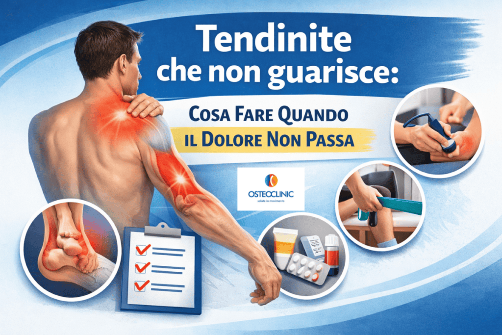 Illustrazione su tendinite che non guarisce con aree di dolore a spalla, gomito e tendine d’Achille e strategie di recupero