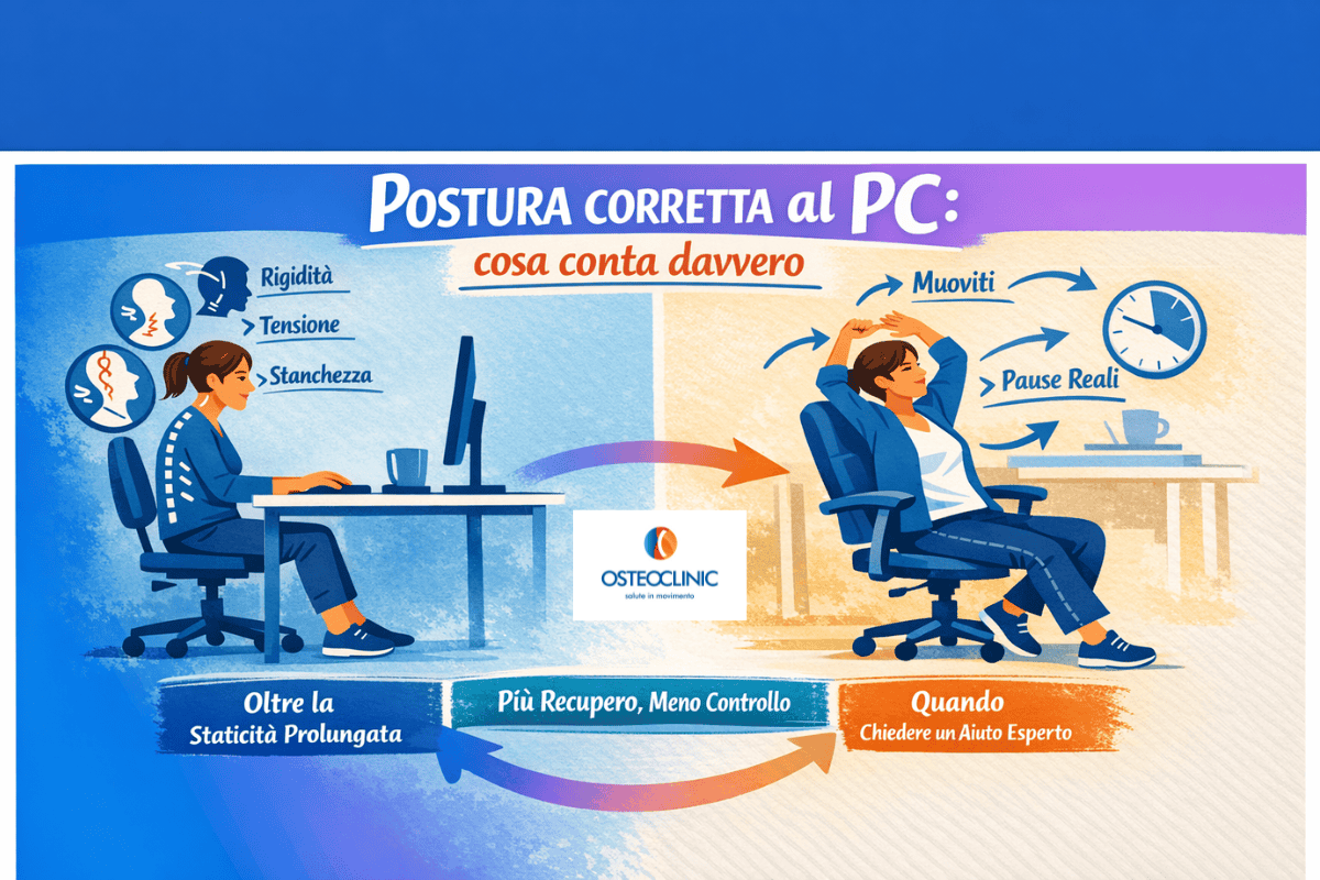 Postura al computer e lavoro sedentario: persona seduta al PC che accumula rigidità e tensione a sinistra, persona che cambia posizione e si muove a destra per ridurre affaticamento e migliorare il recupero durante la giornata.