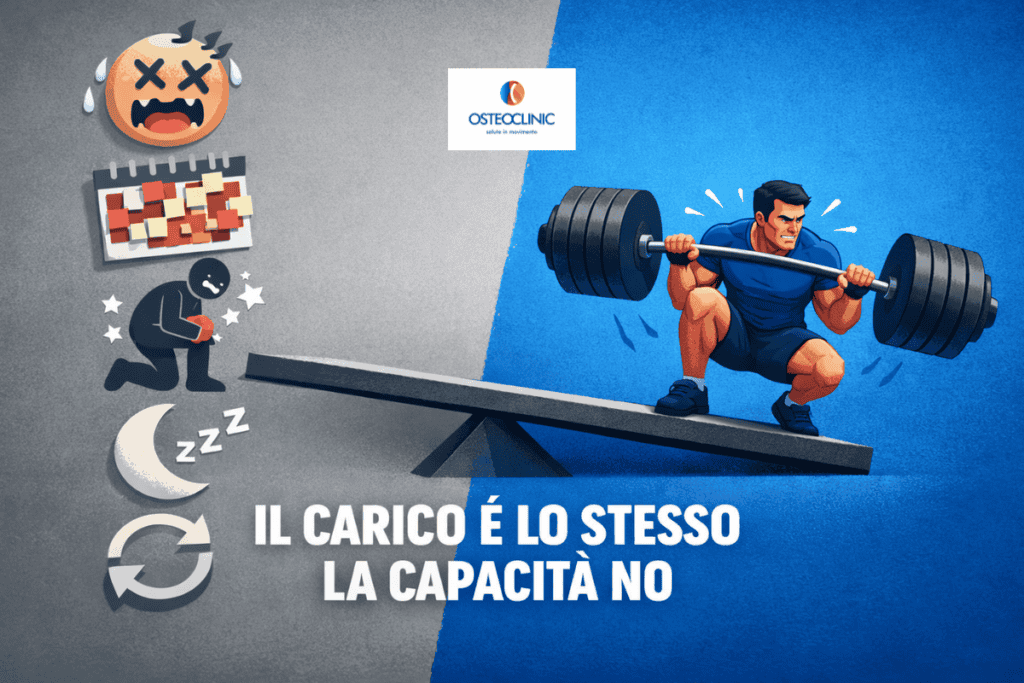 Immagine che rappresenta il rapporto tra carico e capacità del corpo: stessa attività ma risposta diversa in base a stress, recupero e condizione fisica